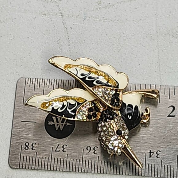 Betsey Johnson Hummingbird Pin Brooch Black White Gold Enamel Rhinestones NOS - Picture 6 of 6